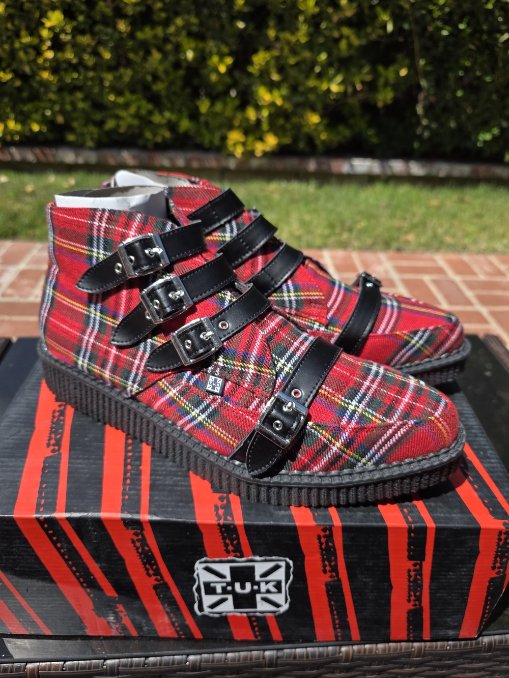 NWT T.U.K Red Plaid Pointed Buckle Creeper Shoes